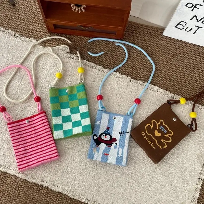 Cute Cartoon Knit Crossbody Phone Bag Adjustable Strap Lovely Prints For Daily Outing Shopping