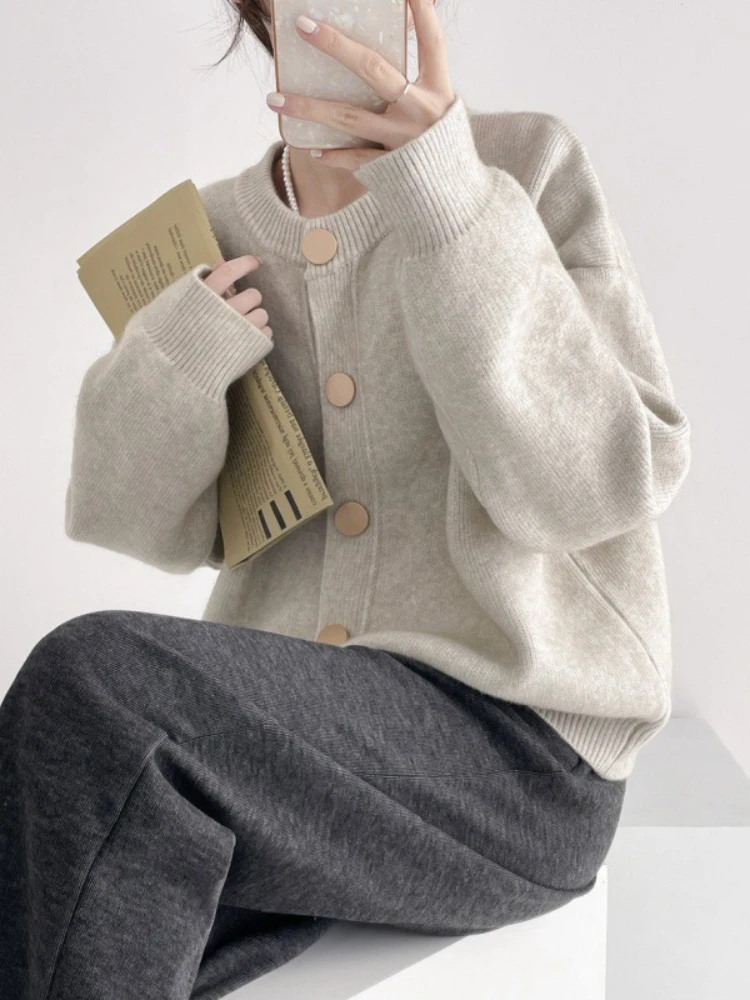 

Spring Autumn Women Cardigan Fashion Long Sleeve Tops Round Neck Solid Color Sweater Women Western Style Loose Knit Coats Jacket