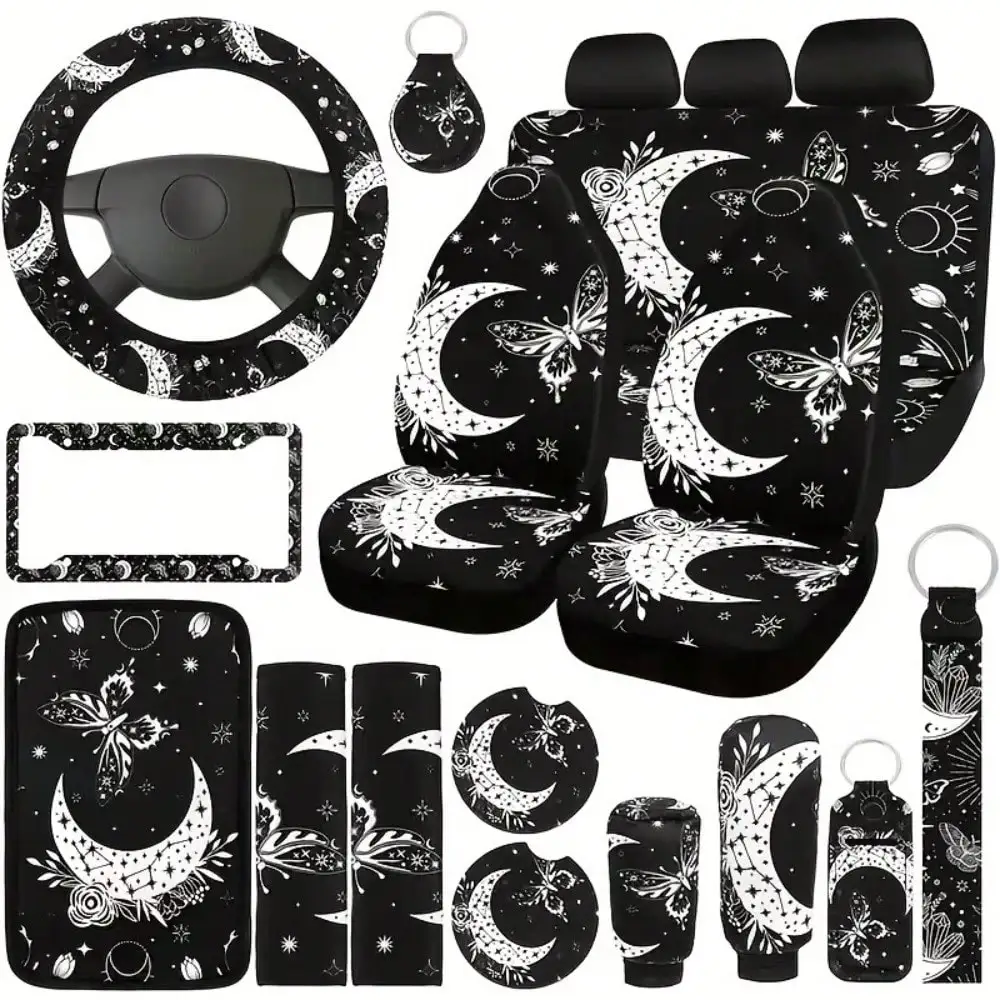 18-piece luxury moon butterfly car seat set, including women's butterfly steering wheel cover, car seat cover, headrest cover, armrest cover, seatbelt cover, cup holder, keychain, and wristband - suitable for most cars, SUVs, and trucks