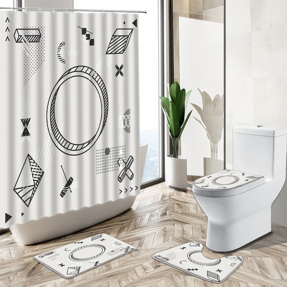 Modern Fashion Geometric Pattern Bathroom Set Shower Curtain Abstract Art Home Non-Slip Rug Toilet Lid Cover Flannel Bath Mat