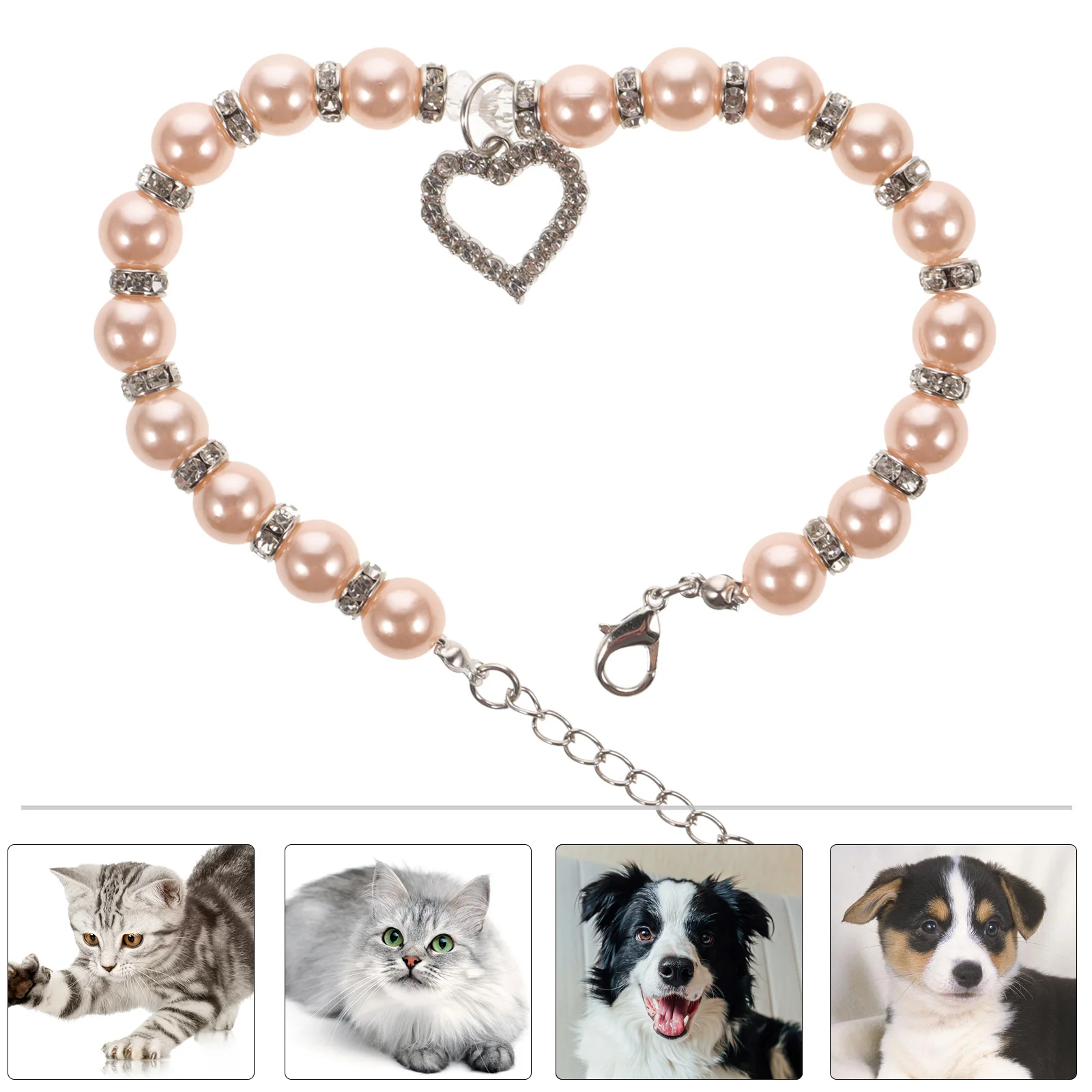 

Rhinestone Pearls Pet Necklace Crystal Heart Pendant Pink Size M Adjustable Cat Dog Jewelry for Special Occasion Photo Gift