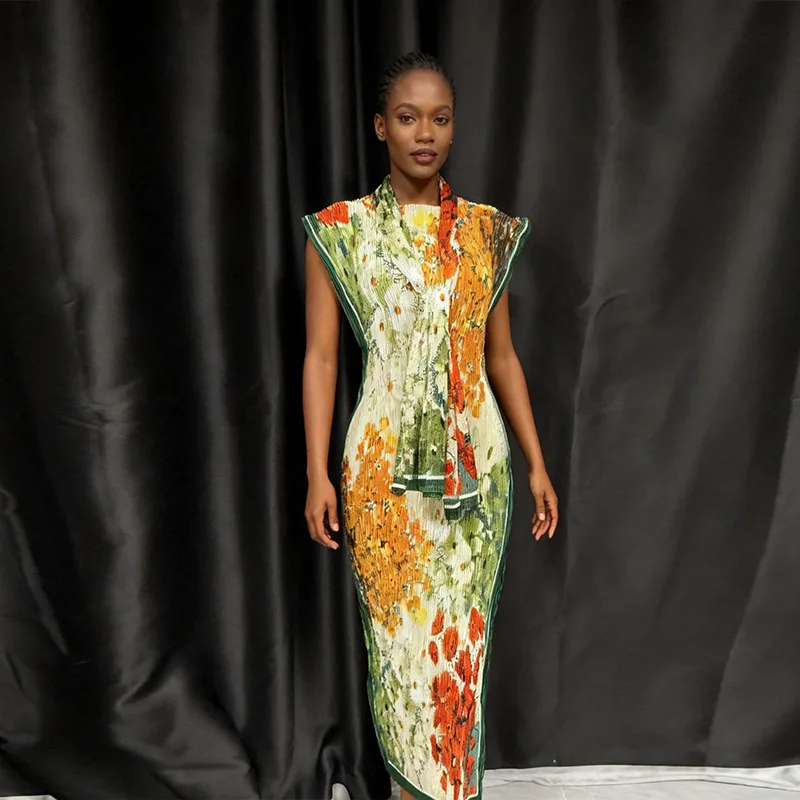 

GUWU мусульманское свободное плиссированное платье с принтом без рукавов и рюшами, женская африканская одежда