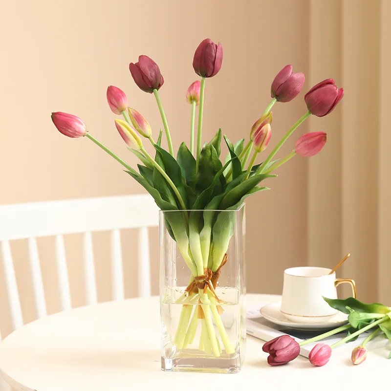 Three Heads Soft Rubber Tulip Artificial Flowers Home Decorative Flower Arrangements, Wedding Decorative Garden Bouquets