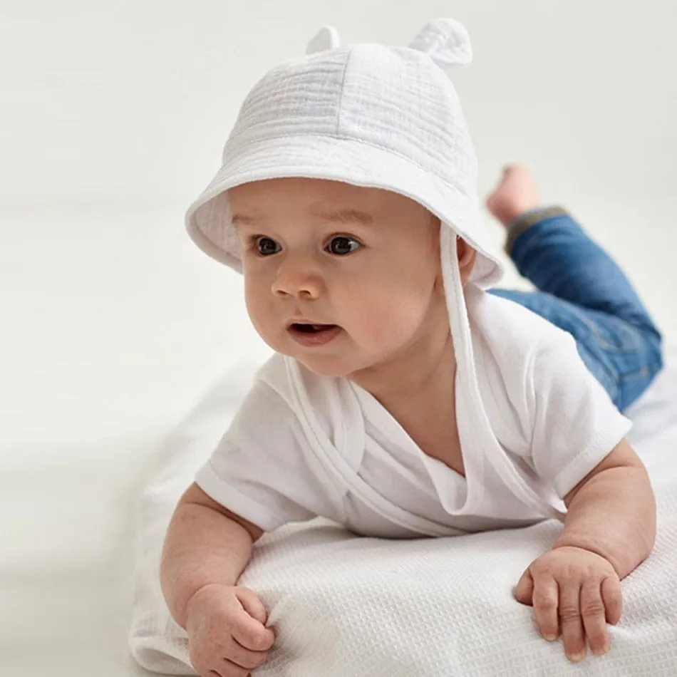 Newborn Baby Hat Infant Muslin Bucket Hat Kids Bear Ears Summer Beach Sun Caps Boys Girls Easter Hats For Toddlers 3-12 Months