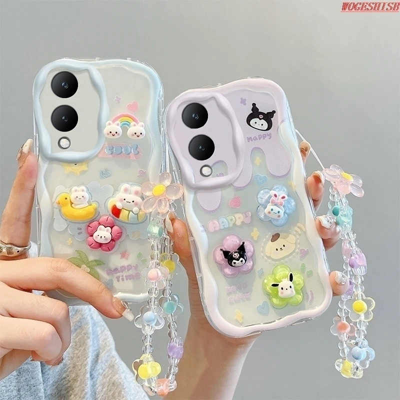 3D Cartoon Kuromi Wave Phone Case For Huawei Honor Magic 6 5 4 Lite Play 40 30 Plus 20 5 V40 Flower With Wrist Strap Cover