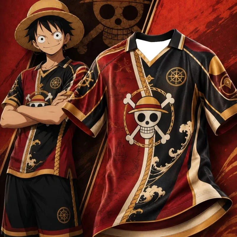 2026_27 Neues One Piece Luffy Series Fußballtrikot mit Kragen, Modisches Unisex Anime Sport Kurzarmtrikot für Familien – Detail 4