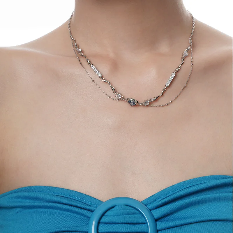 Double Layer Necklace Color Gemstone, S925 Sterling Silver Short Stackable Collarbone Chain