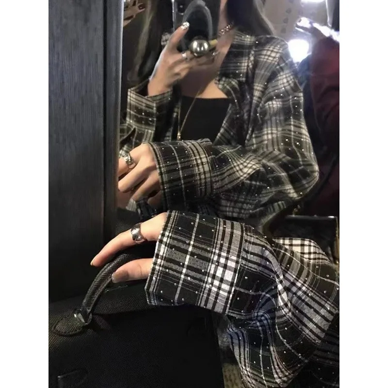 

Свободный женский клетчатый топ Jaet из ледяного шелка Long Sve в Корейском стиле, накидка Lazy Sle Bla и белый топ в клетку