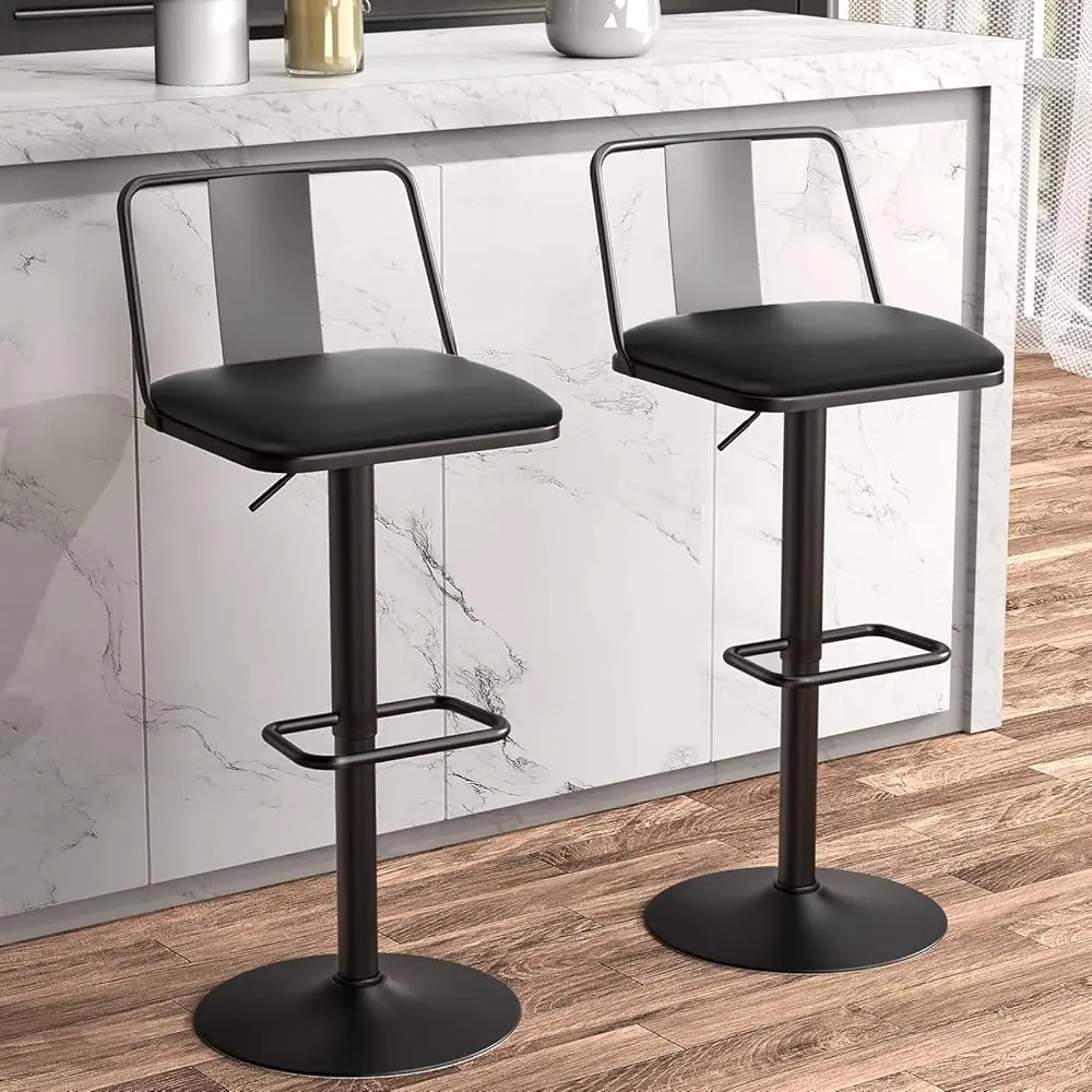 

Metal Swivel Barstools Set Of 2, Enlarged Pu Leather Seat With Metal Back, Adjustable From 24"" To 33"" For Counter Height &