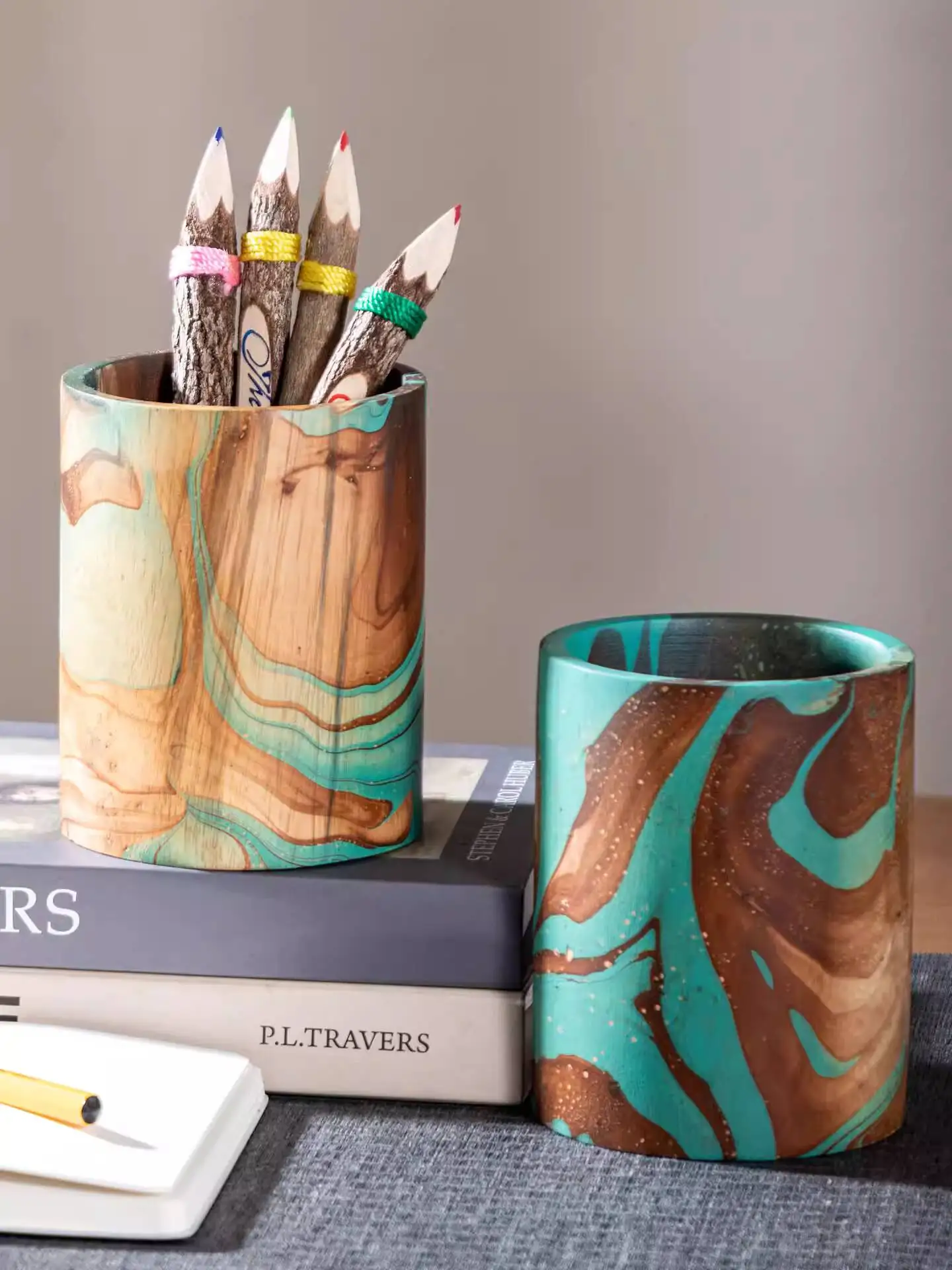 Thai Wooden Pen Holder Slanted Insert Office Desktop Storage Box Creative Simple Large Capacity Solid Wood Pen Insert