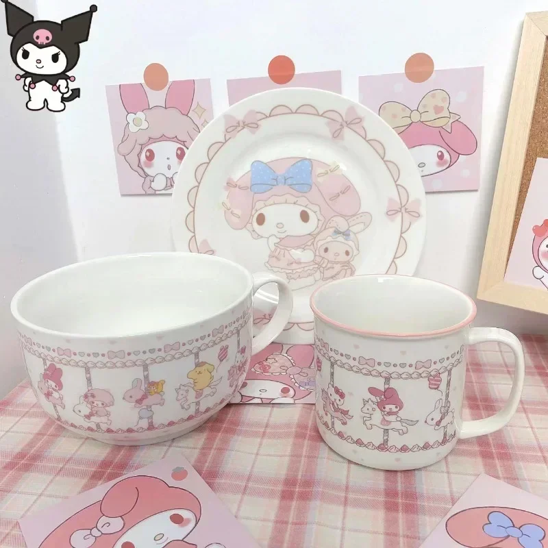 

Домашняя посуда Sanrio My Melody Kawaii из мультфильма, миска из нержавеющей стали, ложка, вилка, керамическая тарелка, миска для лапши для студенческого общежития