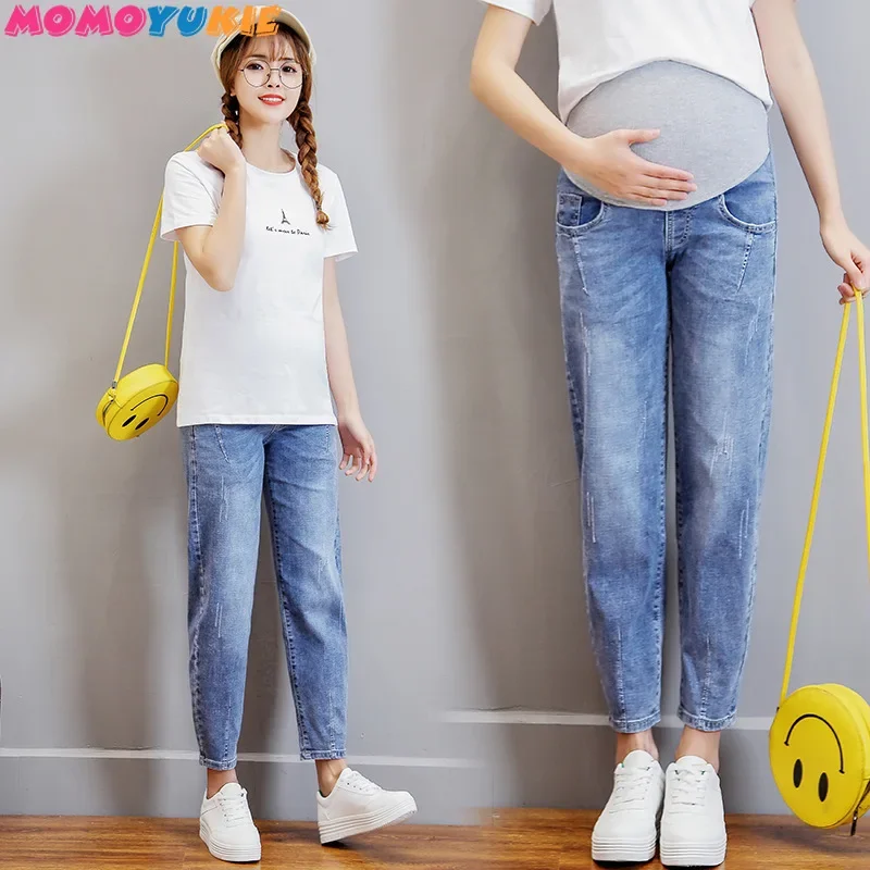 Vintgae Washed Denim Maternity Jeans for Pregnant Women Clothes Elastic Waist Belly Loose Pants Pregnancy Gravidas Clothing 2022