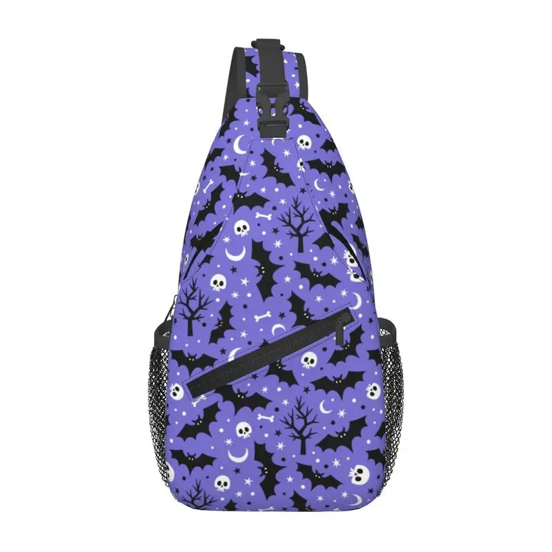 

Custom Halloween Purple Spooky Bats Skull Sling Crossbody Backpack Men Goth Witch Chest Shoulder Bag for Travel Hiking Daypack