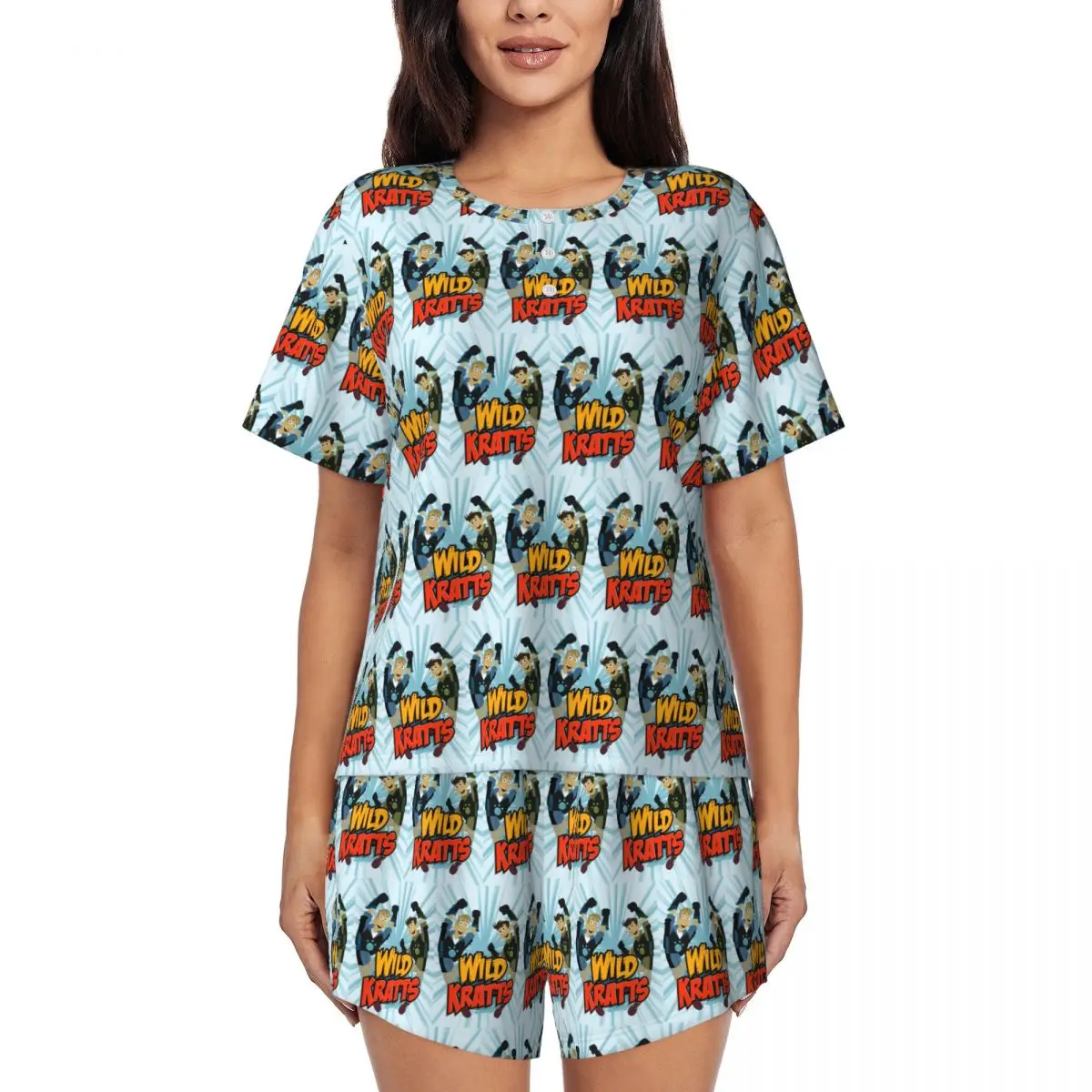 

Pattern Logo Wild Kratts Round Neck Short Sleeves Nightdress for Sleeping Sleepshirts Women Loose Pajama Set Short Pants