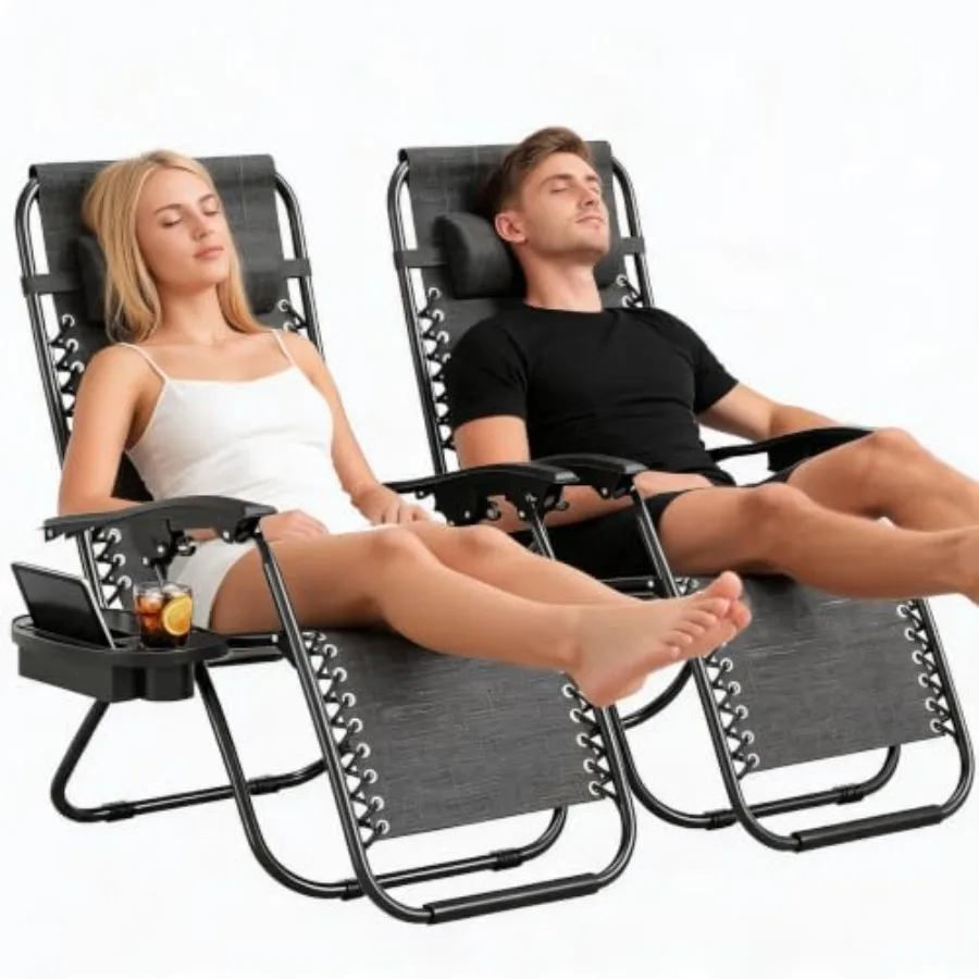 Zero Gravity Chairs Set of 2, Adjustable Outdoor Recliners for patio use, aluminum frame with gray fabric, ergonomic tilt and l