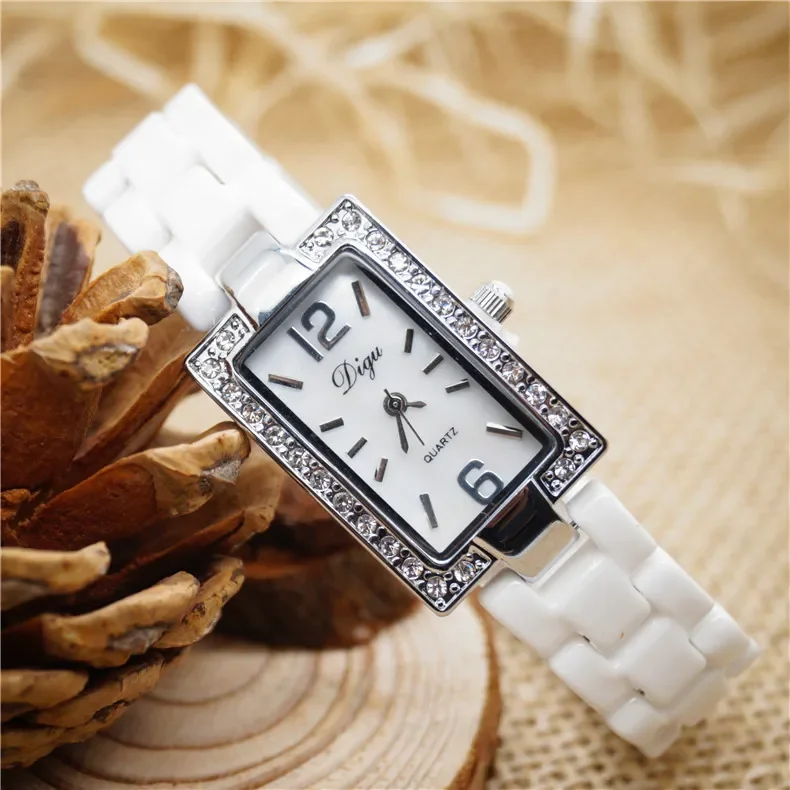 Digu Women Quartz Watch Diamond Dial White Case Band Rhinestone Orologio Luxury Ceramic Strap Clock Ladies Vintage Wristwatch