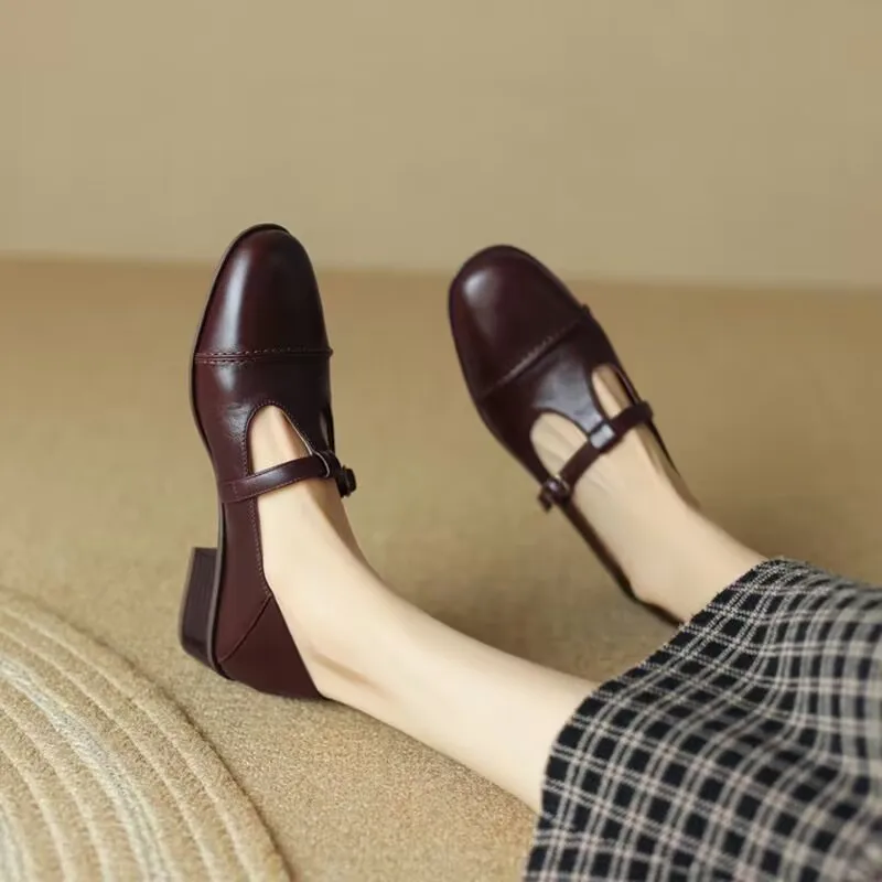 New Retro Women's Oxford Shoes Low Heels T Strap Shoes for Female Black Buckle Strap Leather Shoes Girls