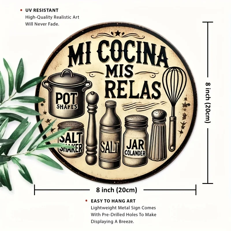 2D Flat, 8x8 Inch Round Aluminum Wall Art - 'Mi Cocina mis Reglas' Kitchen Rules Metal Sign, Rustic Home Decor with Pot, Whisk &