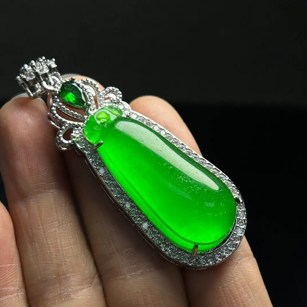 Certified Natural ice inlay Green jade Jadeite Fu melon Pendant&Necklaces Fugua