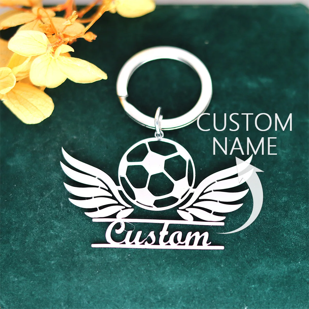 Custom Name Football Soccer Wings Keychain Car Keyring Stainless Steel Bag Accessories for Football Lover Personalized Jewelry