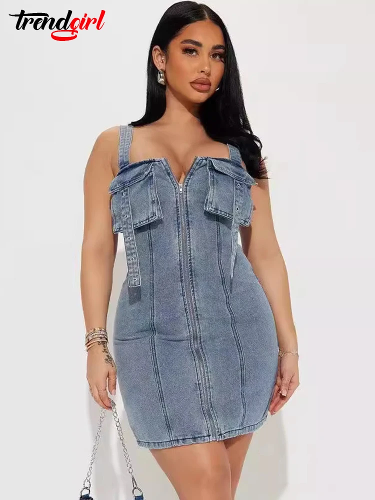 

Trendgirl Strap Stretch Denim Short Dresses Women Sexy Sleeveless Backless Slim Cargo Dress Streetwear Summer Female Vestidos