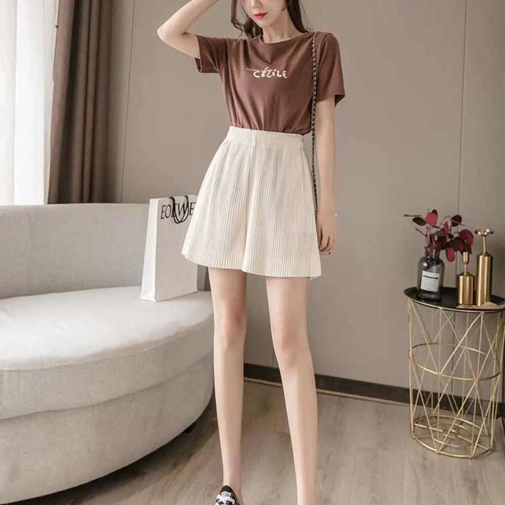 Summer Pleated a-line Shorts New Korean Version Fashion Chiffon Capris Solid Color Casual Slim Fitver Satile Shorts