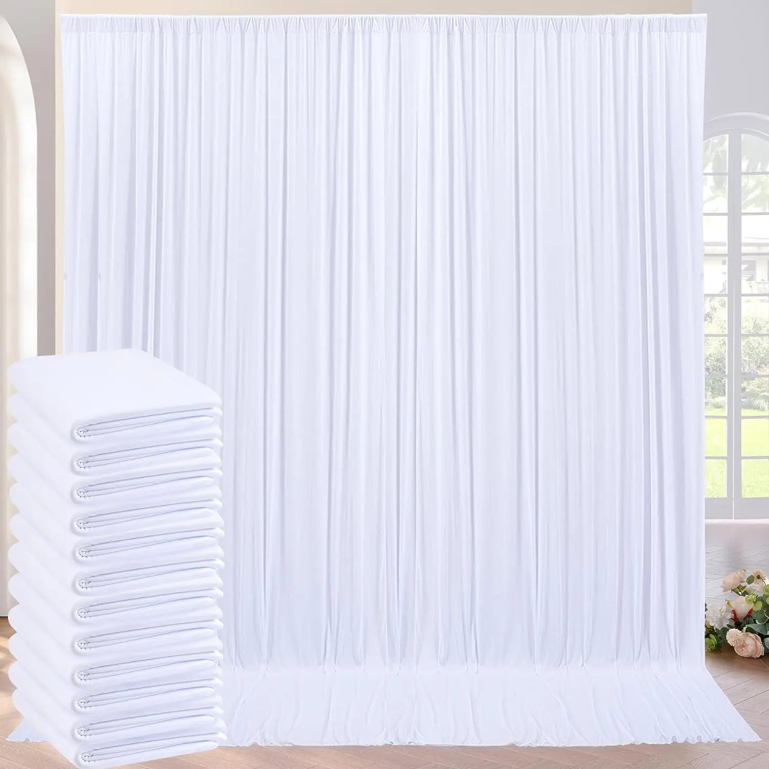 50ft×10ft Wrinkle Free White Backdrop Curtain for Wedding Party, 10 Panels 5×10ft Thick Silky Polyester Photo Backdrop Drapes Cu