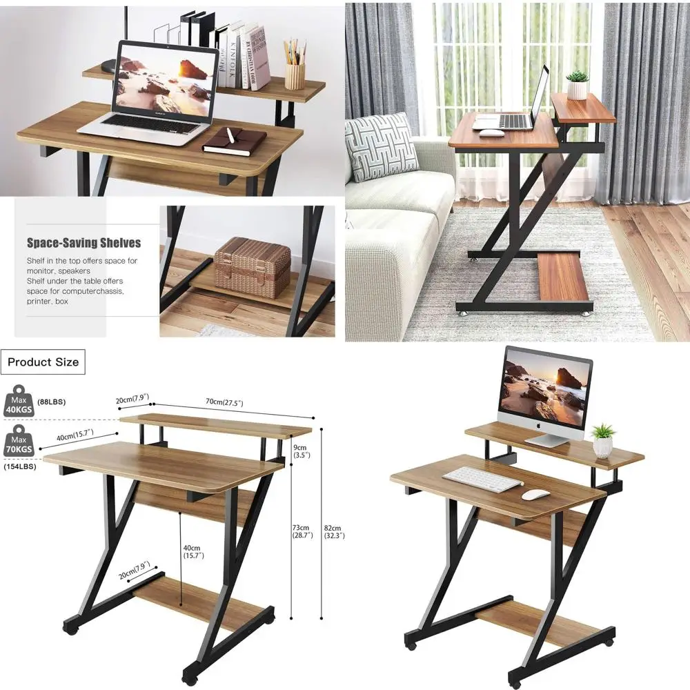 

Z-Shaped Compact Desk, 27.5 Walnut Finish, with Monitor Shelf & Storage, Ideal for Small Spaces