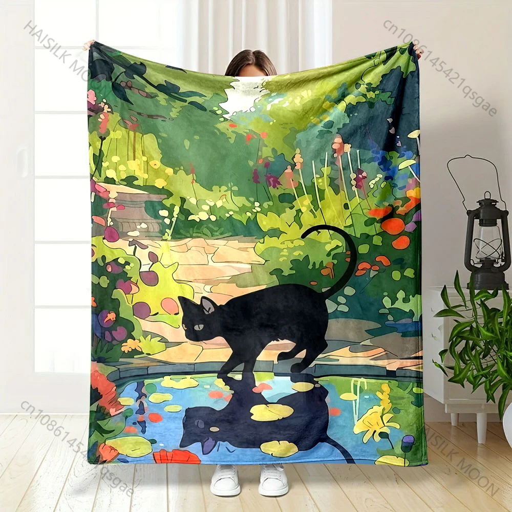 Manta suave y cálida con estampado de gato negro para sofá, cama y viajes