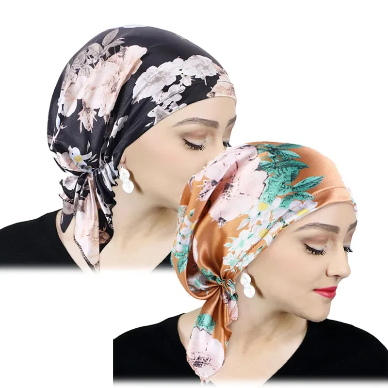 

New Women Floral Print Satin Pre Tied Bandana Scarf Muslim Chemo Hat Beanie Turban Headwear for Cancer Patients Ladies Turbante