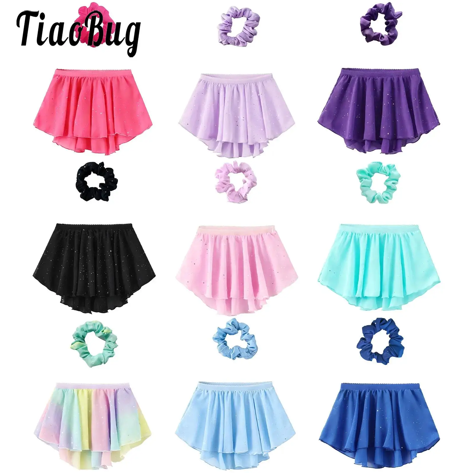 

Kids Girls Dance Rhythmic Gymnastic Ballet Lyrical Outfit Yoga Dancewear High-Low Hem Shiny Sequin Chiffon Skirt And Hair Band