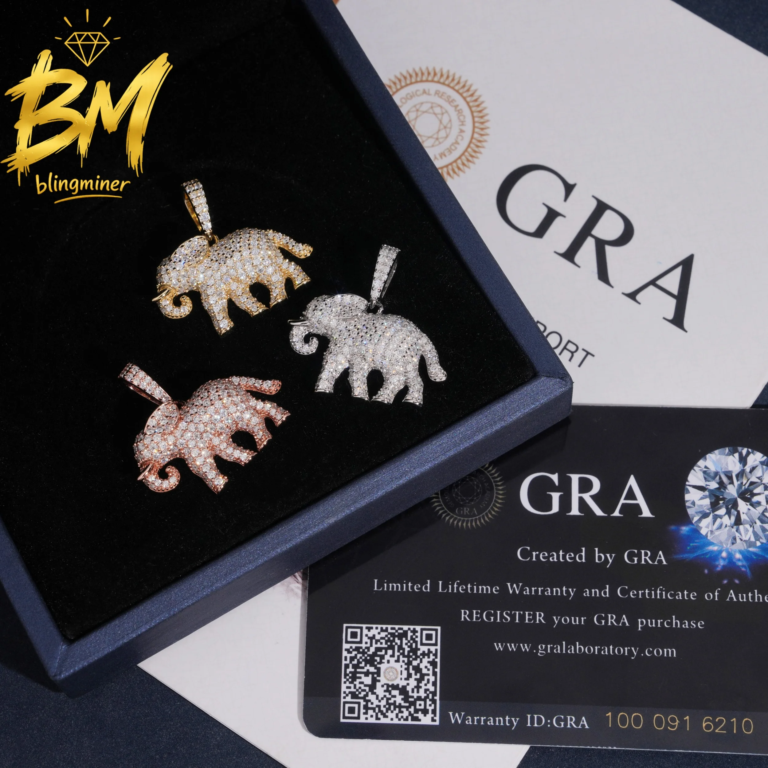 Blingminer New Arrivals Elephant S925 Silver VVS Moissanite Pendant For Men Women Pendants Jewelry Pass Diamonds Tester GRA