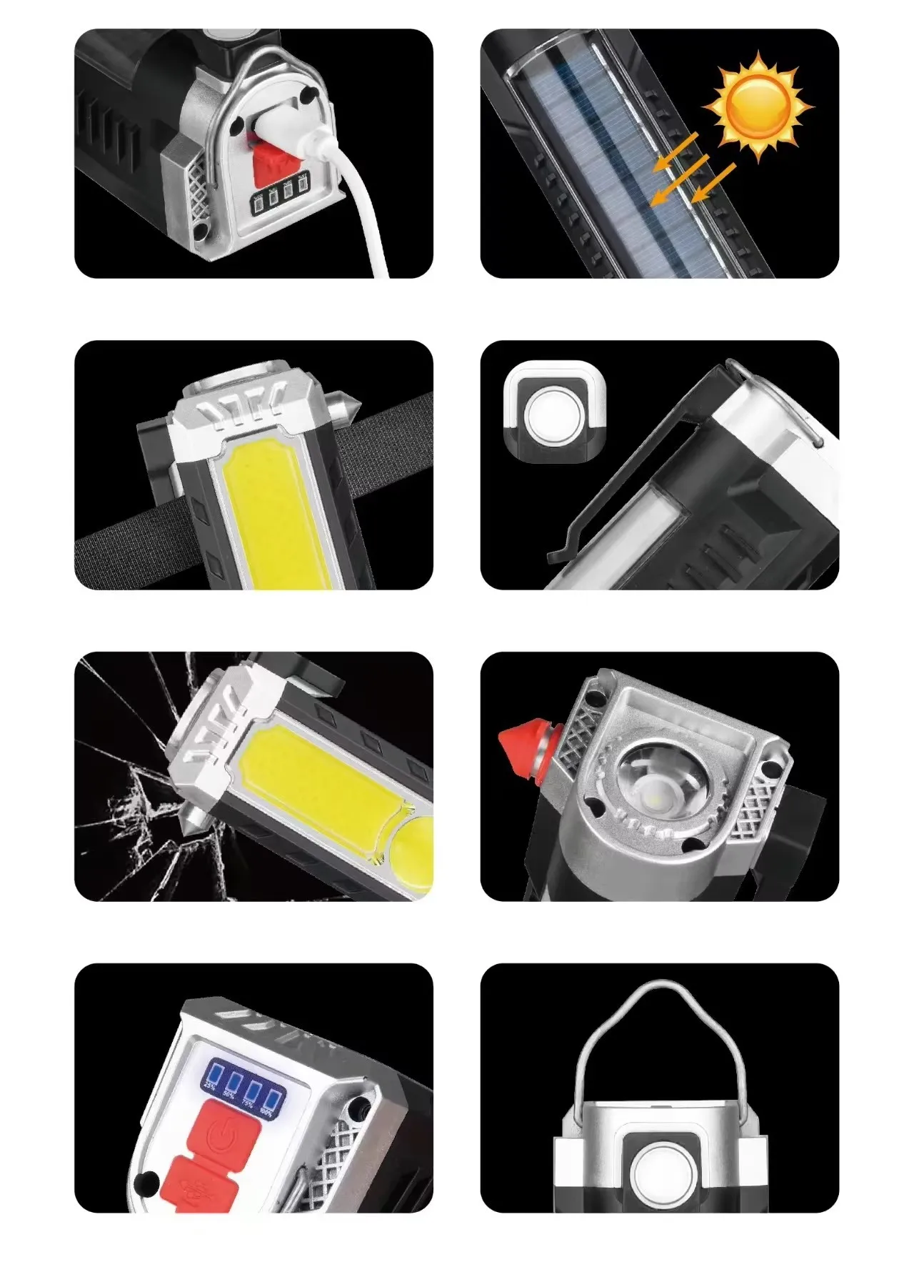 Torcia solare ricaricabile con luce da lavoro multifunzione a LED COB con gancio magnetico Torce portatili con martello di sicurezza per auto