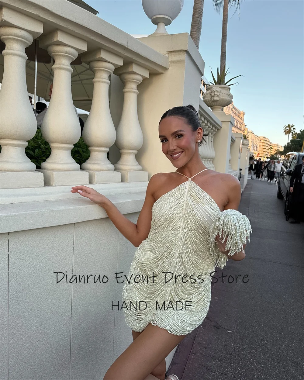Dianruo Halter Neck Sparkling Beaded Prom Dresses Luxurious A Line Cocktail Dresses Mini Sleeveless Party Dresses Customized