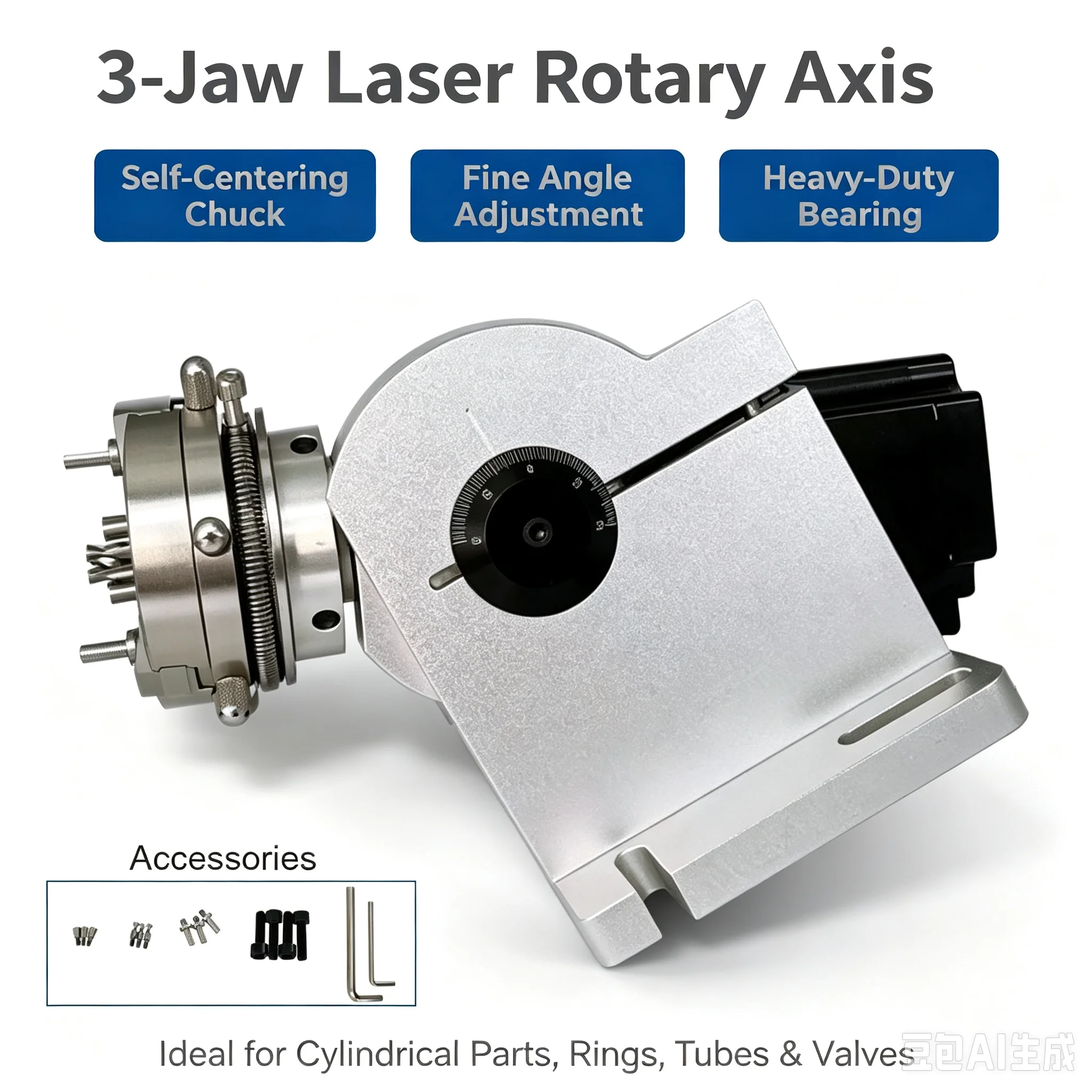 Rotary Axis Attachment with 3-Jaw Chuck For Fiber CO2 Laser Marking Machine, 45° Adjustable Angle Stepper Motor Rotary Fixture
