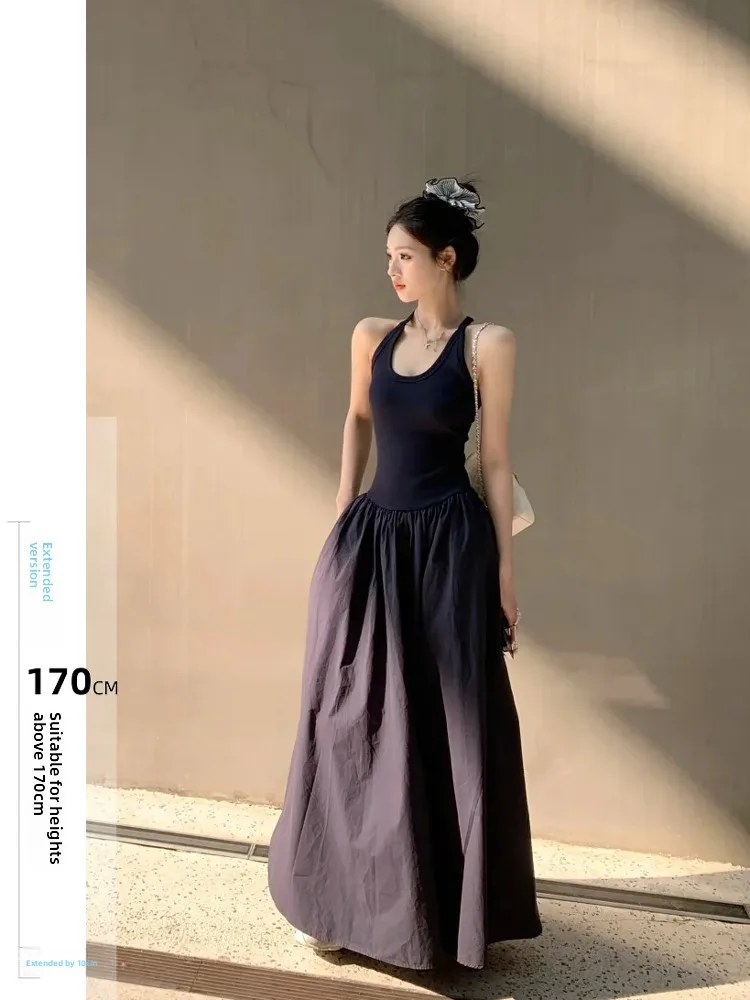 Extended Size 75 Women's Blue Maxi Dr Svel Slim Fit Neline Strapl Faionable Summer Gown U-Ne Long Dr