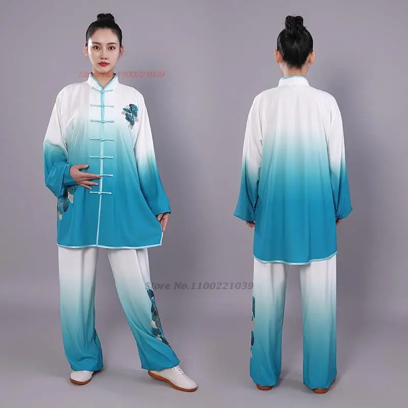 2024 Tai Chi Uniform Wushu Kung Fu Set nationalen Farbverlauf Blumen druck Taijiquan Praxis Kampfkunst Flügel Chun Tops Hosen