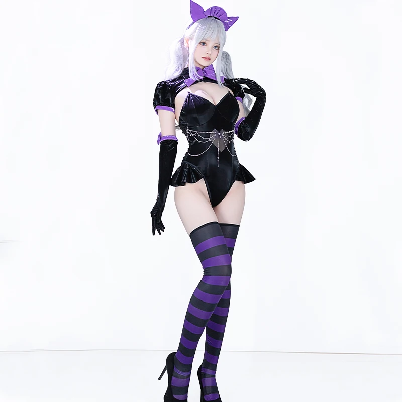 زي تنكري أصلي للخادمة اللطيفة من SENMHS بدلة ضيقة من جلد البولي يوريثان اللامع مع جوارب مخططة متطابقة لحفلات الهالوين #4