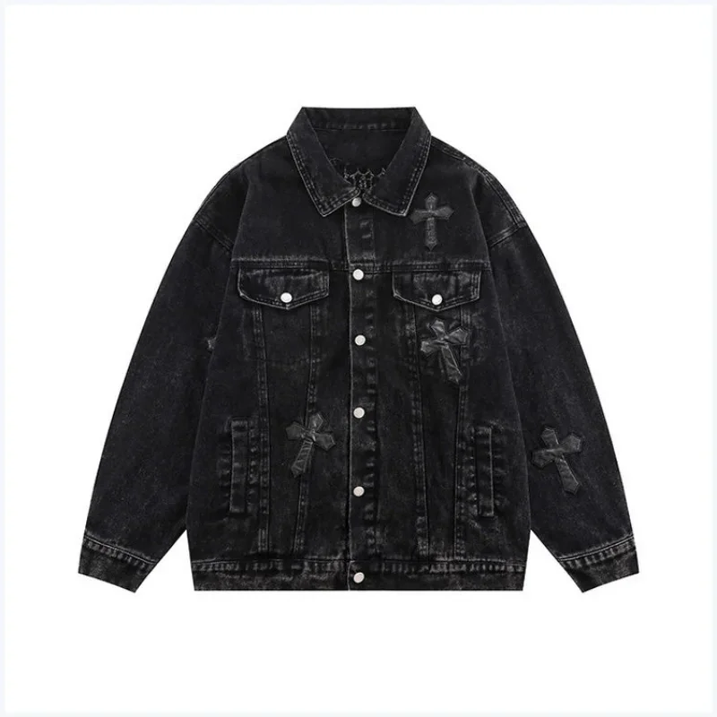 American Cross Embroidered Denim Jacket Womens Trend Loose Jean Jacket Woman High Street Versatile Casual Jacket for Women 2023