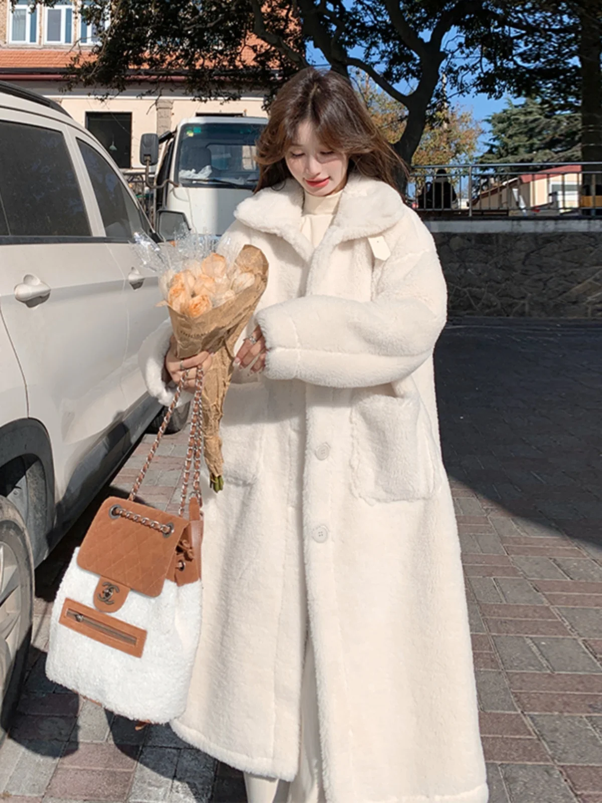 

Женское шерстяное пальто средней длины из овечьей шерсти, утепленное, белое, в корейском стиле, однотонное, прямого кроя, для повседневной носки