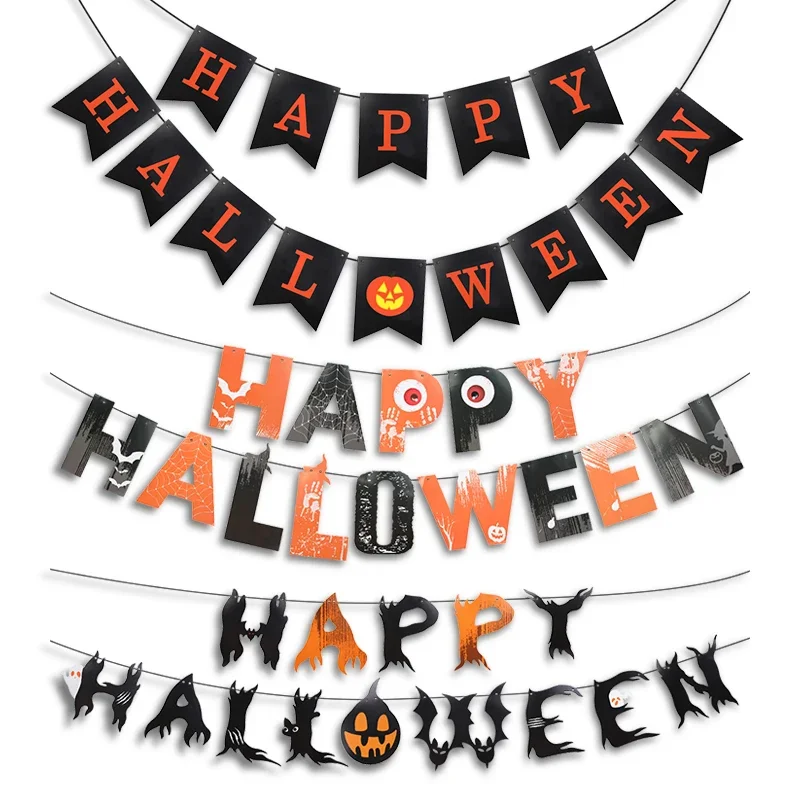 Glitzerndes Happy Halloween-Papierbanner, schwarze Fledermaus-Hängegirlande, Flagge, Halloween-Party-Dekoration für Zuhause, Horror-Requisiten, Kindergeschenk