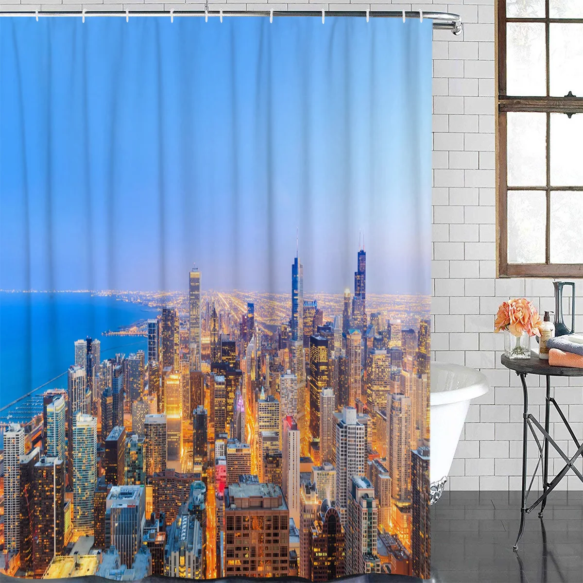 Lake Michigan Chicago City Dusk Urban Building Waterproof Shower Curtain With Hook Bath Curtains Bathroom Decoration Accessories