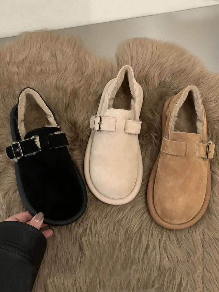 Shoes Woman Flats Round Toe Casual Female Sneakers Slip-on Loafers Fur Dress Winter Retro Slip On New Lace-Up Rubber Flock Leisu