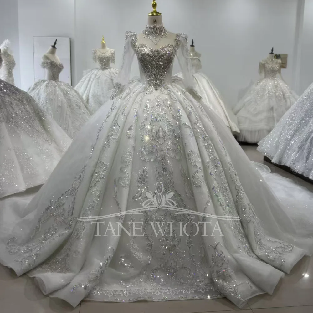 

O-Neck Long Sleeve Lace-Up Back Ball Gown Bridal Dress Sequined Crystal Beading Customizable Luxury Wedding Dress