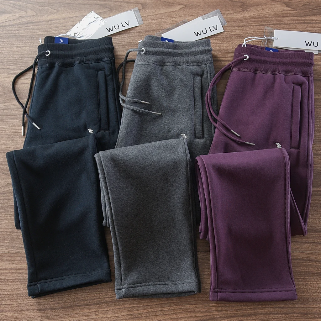 2024 Winter New American Retro Thickened Velvet Embroidery Sweatpants Men's Simple Drawstring Sports Casual Ankle-tied Pants