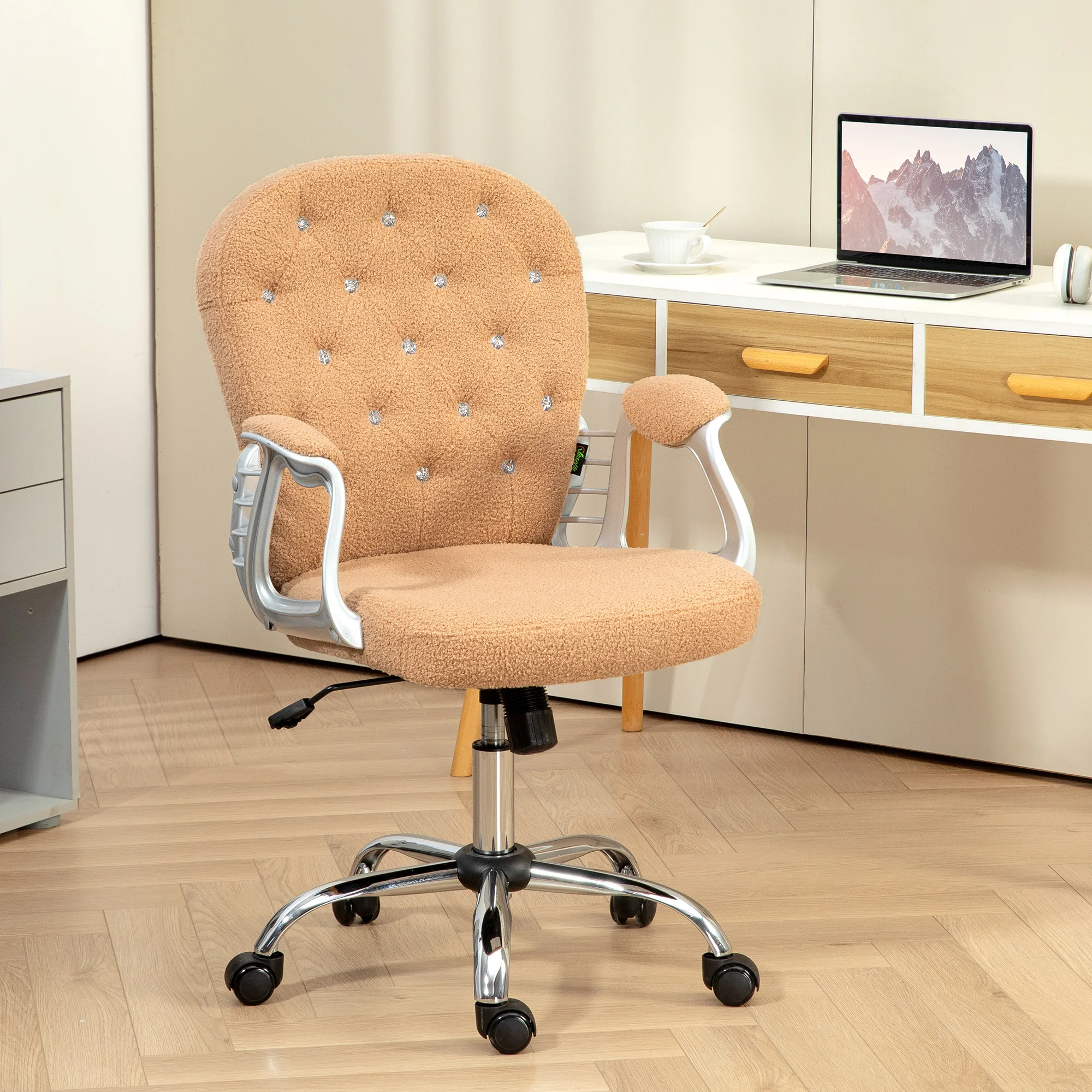 

Vinsetto Teddy Fleece Home Office Chair, Button Tufted Desk Chair with Padded Armrests, Adjustable Height and Swivel Wheels