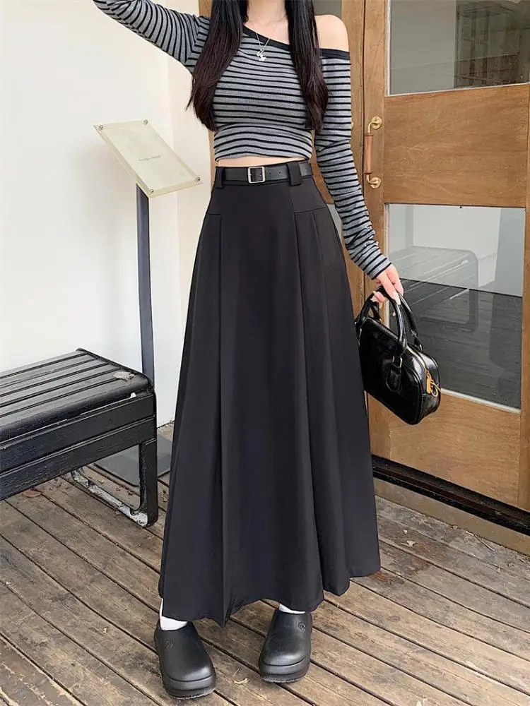 

French Vintage Women Black Grey Elegant A-line Long Skirt 2024 New Autumn Winter Brown Versatile Pleated Skirt Streetwear simple