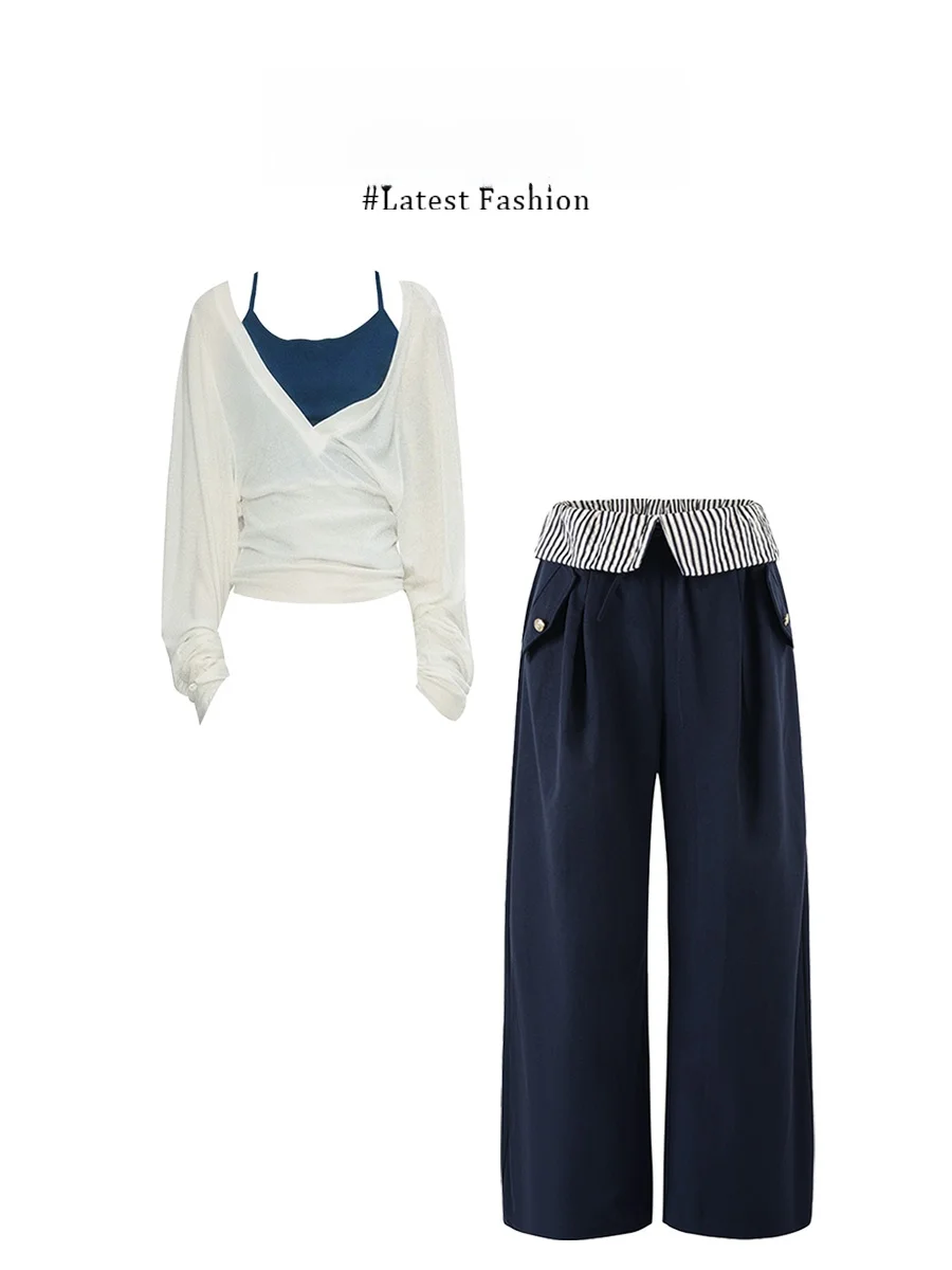 

Parkyeon Lazy Style Off-Shoulder Sleeveless Vest Irregular Loose Wide-Leg Casual Pants Pure Desire Three-Piece Set Women's Fa...