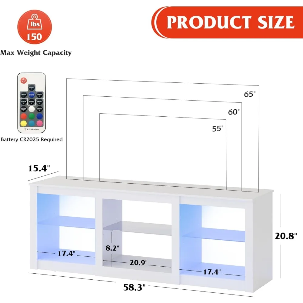 Tv-Standaard Voor 65 Inch Tv, Entertainmentcentrum Met Verstelbare Glazen Planken, Led Tv-Console, Tv Staat Voor Woonkamer, Wit