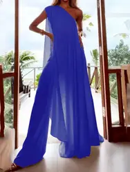 Onecozyday Women's Elegant Jumpsuit Solid Color One-shoulder Sleeveless Asymmetric One-piece Suit Loose Fit Floor Length Overall